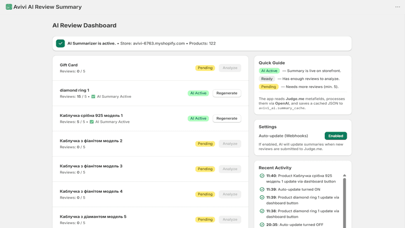 App dashboard with product list and AI review analysis status.