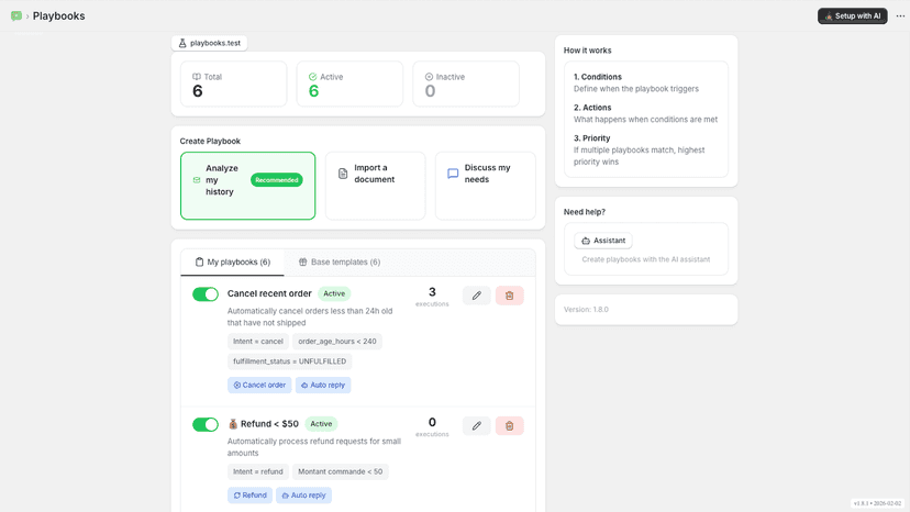 Playbooks dashboard with automation rules for orders and refunds
