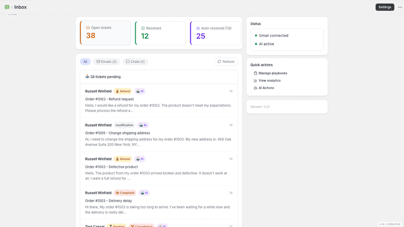 AI-powered inbox showing customer tickets with automatic intent
