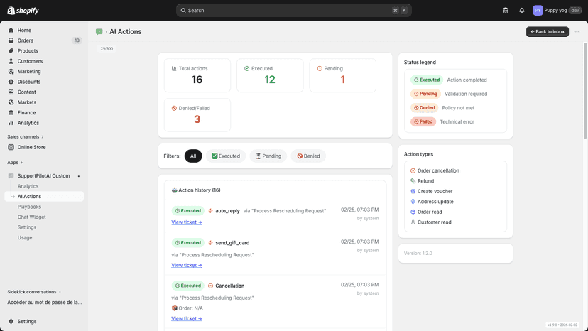 AI Actions log with execution history and status tracking