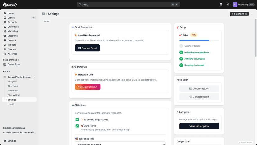 Settings page with Gmail, Instagram and AI configuration