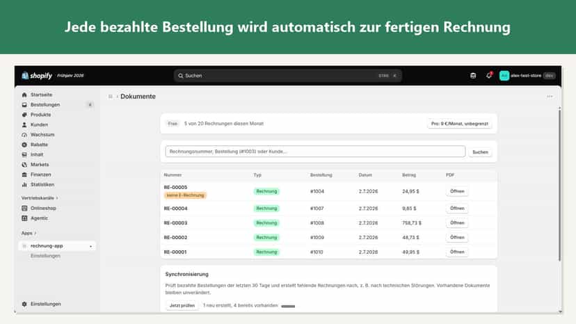 Buchfink Dokumentliste mit Rechnungen und Stornorechnungen