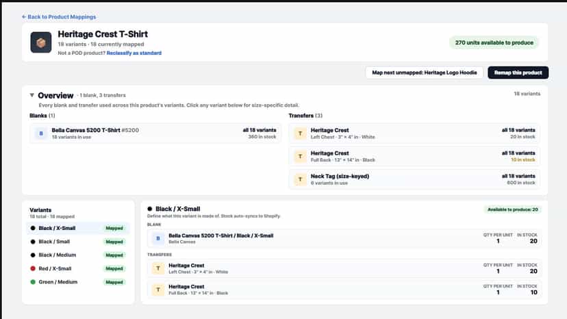 Product mapping editor linking a variant to blank and transfers