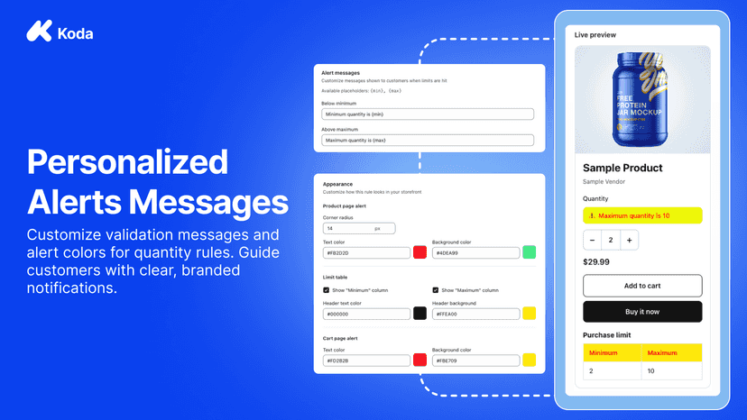 Customizing limit table colors, labels, and product page display