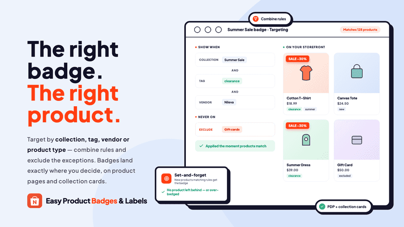 Targeting rules showing product badges by collection and tag