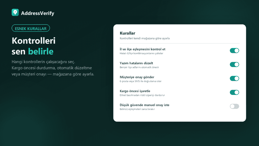 AddressVerify kurallar paneli: il/ilçe kontrolü, yazım düzeltme,