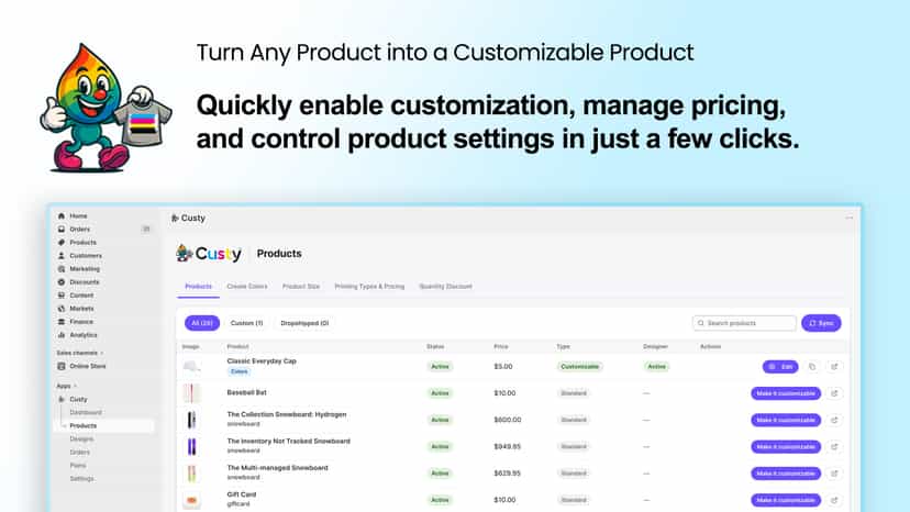 Custy products listing