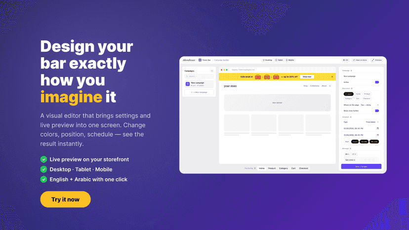 App dashboard with control panel and live bar preview