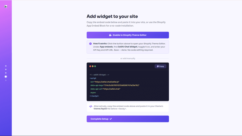 Step-by-step widget embed and code integration dashboard