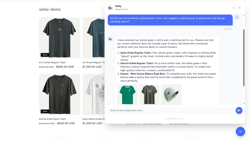 AI chatbot Sally providing green outfit ideas on storefront.