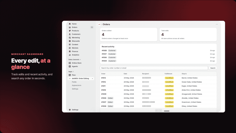 Merchant dashboard with edit stats and recent orders