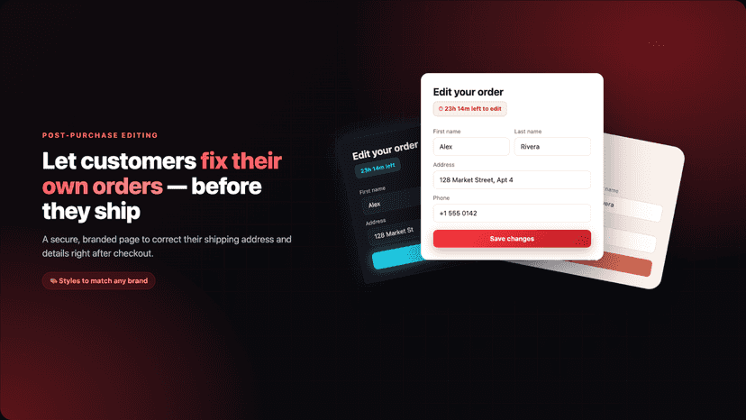 Customer order-editing page, dotAOV: order editing app