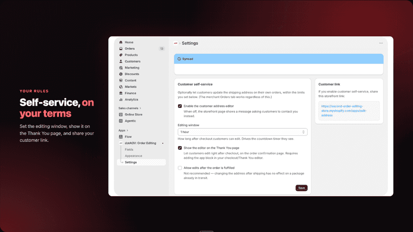 Settings: edit window, Thank You toggle, customer link