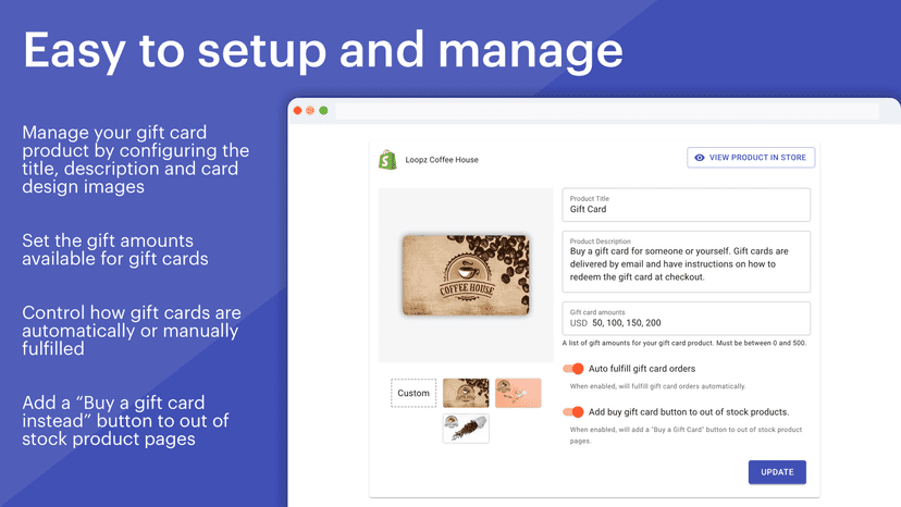 Easy to setup and manage your gift card product