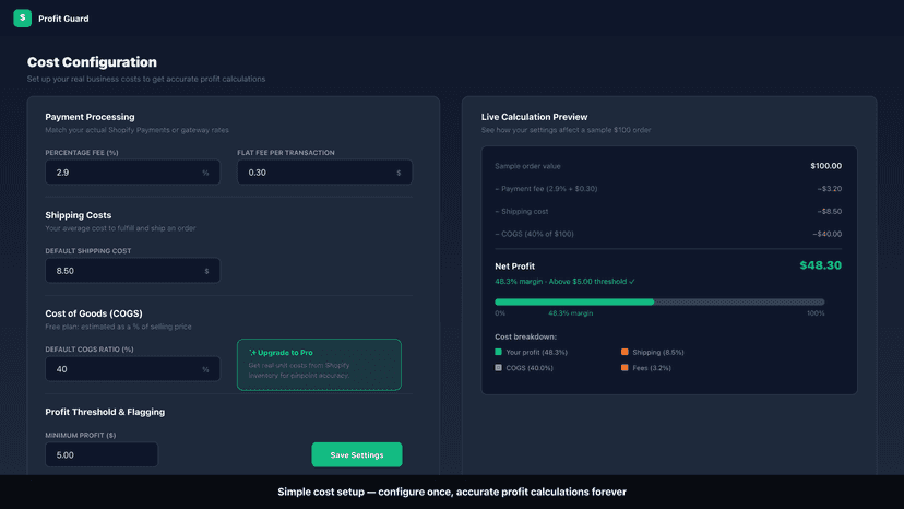 Cost configuration settings in Profit Guard