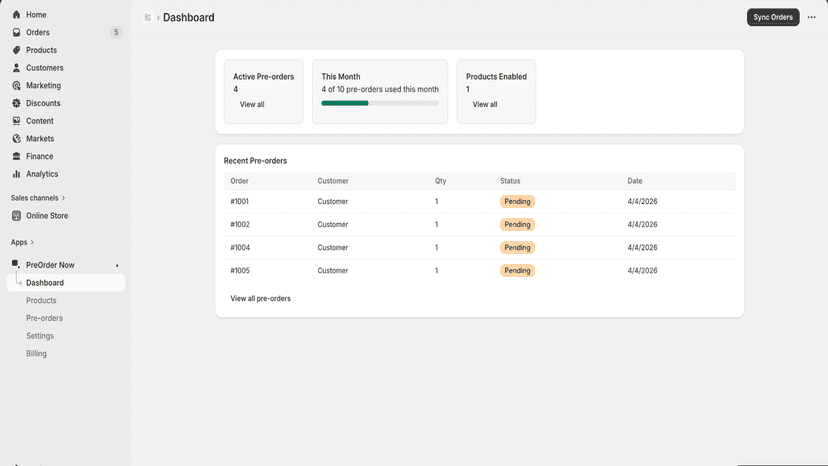 Pre-orders tab with an order
