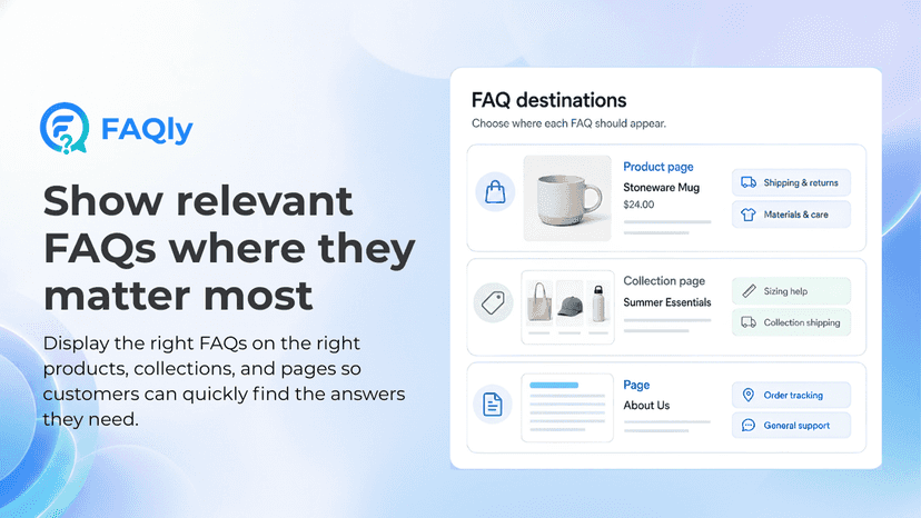 FAQ destinations for products, collections, and pages