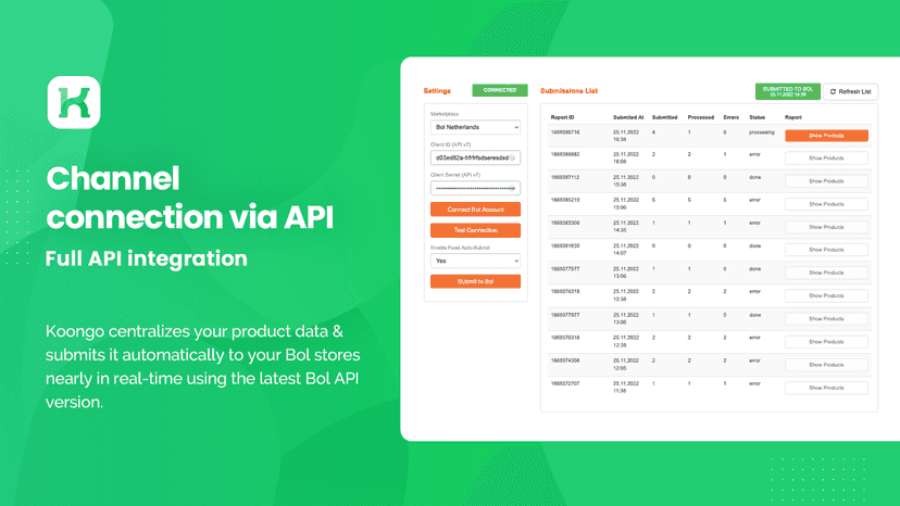 Koongo Bol API integration, v7, latest, smooth connection