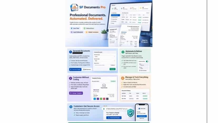 Showing automated invoice generation, document history, template