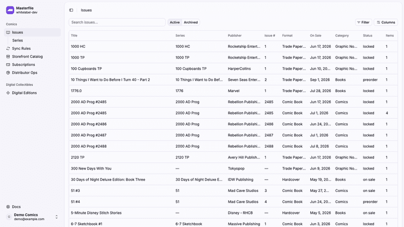 Masterfile Issues catalog with comic metadata columns