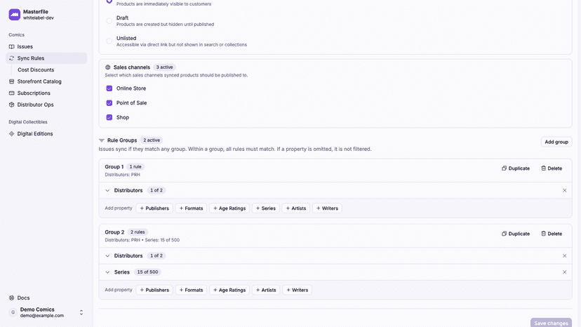 Masterfile Sync Rules with publisher and format rule groups