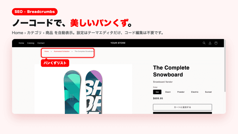 商品ページのヘッダー下に表示されたパンくずリスト