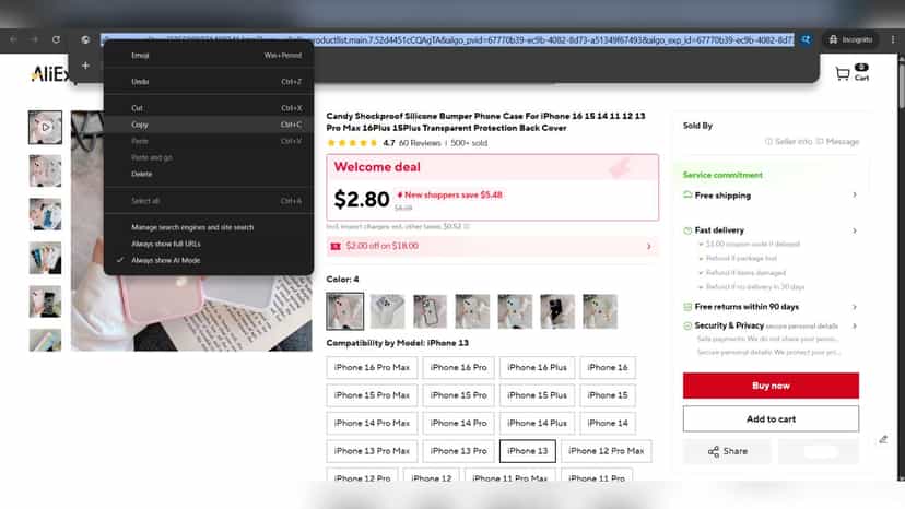copying an aliexpress only url