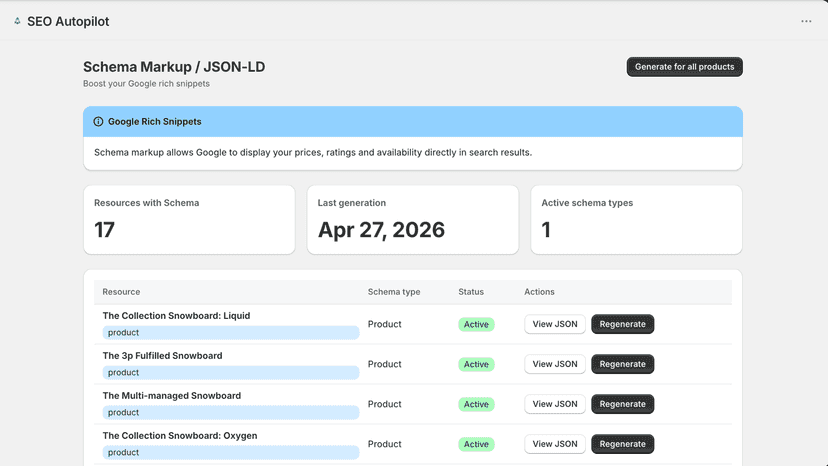 JSON-LD schema active on 17 products.