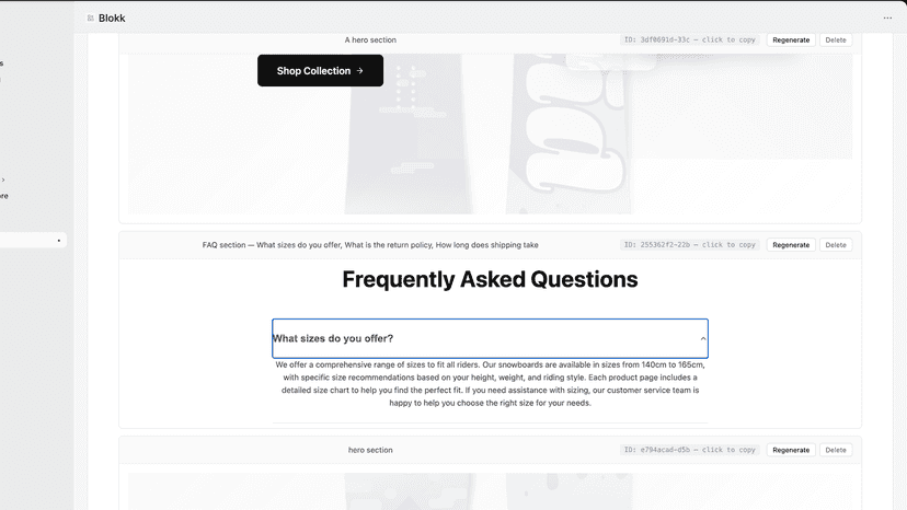 Generated FAQ section in the admin