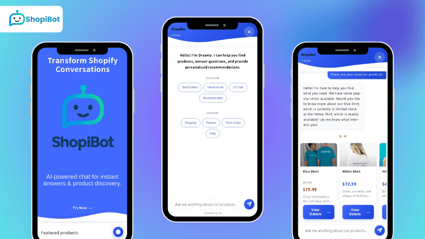 ShopiBot on mobile: Chatbot that answers questions, recommends.