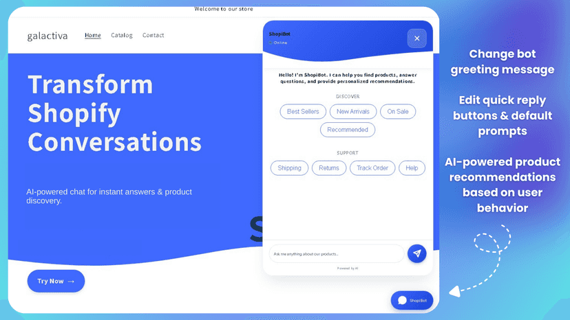 ShopiBot AI chatbot with customizable greetings, quick replies