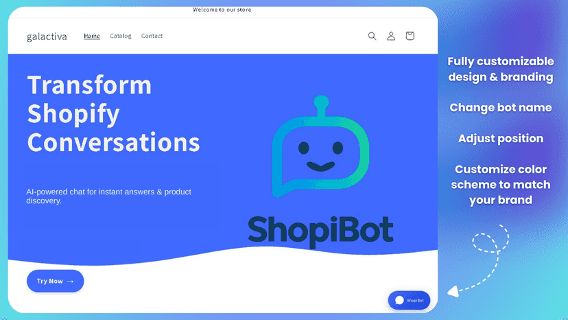 ShopiBot AI chatbot with customizable design, branding & more