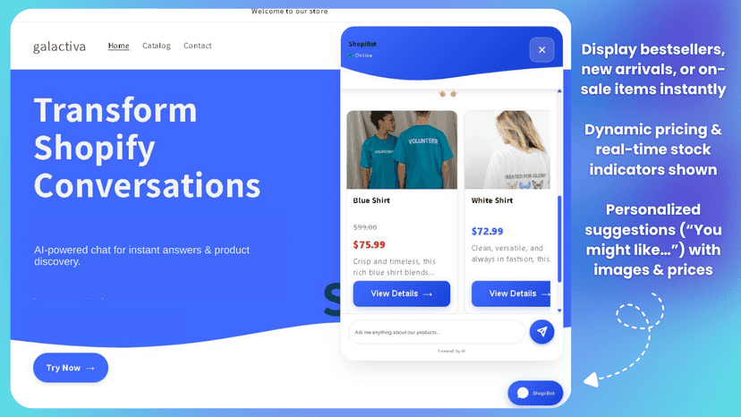 ShopiBot recommends products with images, prices.