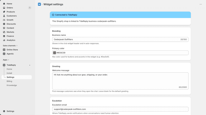 TideReply settings inside the Shopify admin
