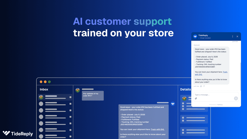 TideReply AI customer support chat widget and merchant inbox