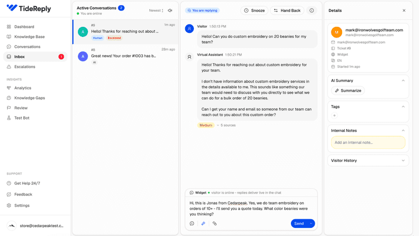 TideReply inbox with a human agent taking over a chat
