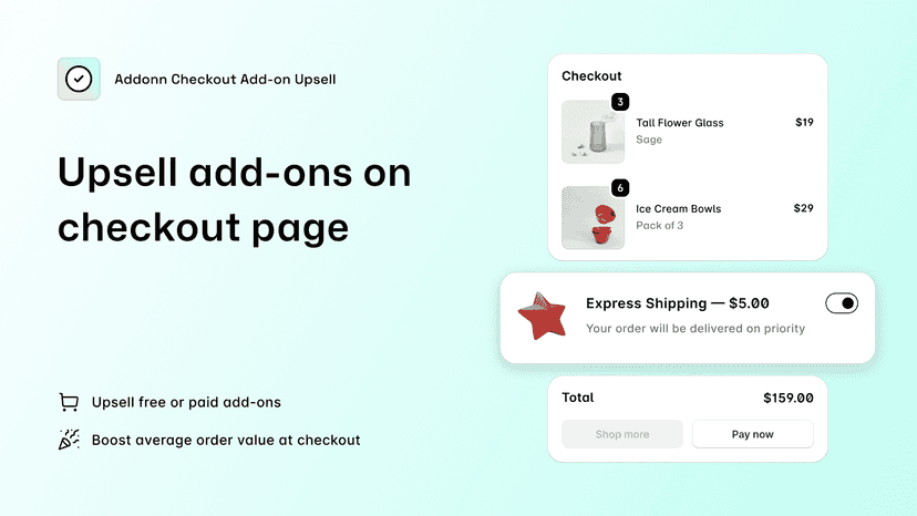 Addonn add-ons upsell widget shown in Shopify checkout page