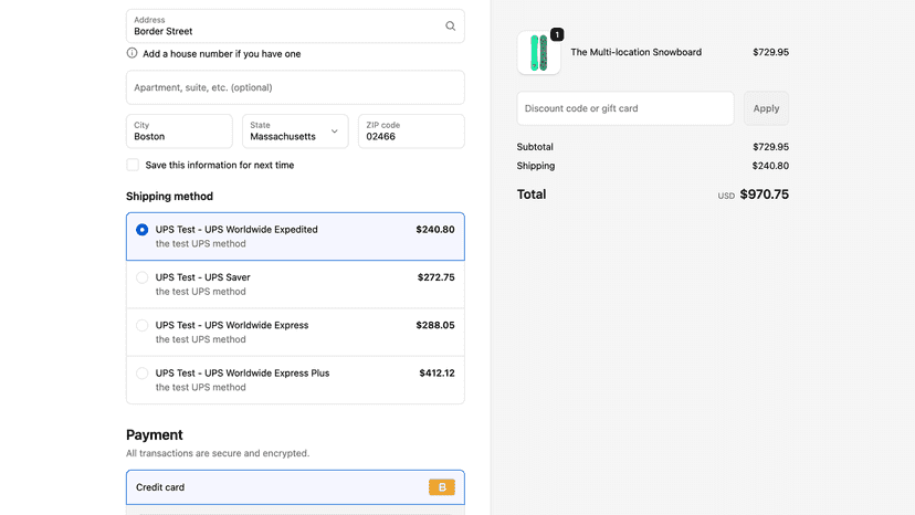 Live UPS shipping rates displayed at Shopify checkout