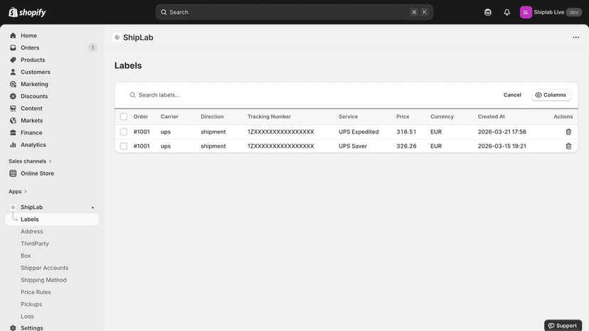 Labels grid with tracking numbers, carriers, and shipment info