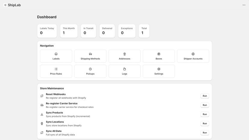 Dashboard with shipping stats, navigation, and quick actions