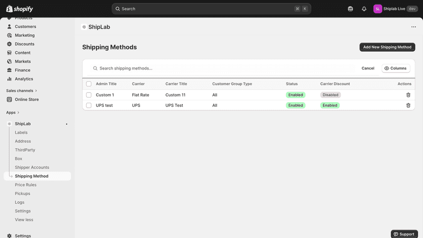 Shipping methods with carrier, status, and discount settings