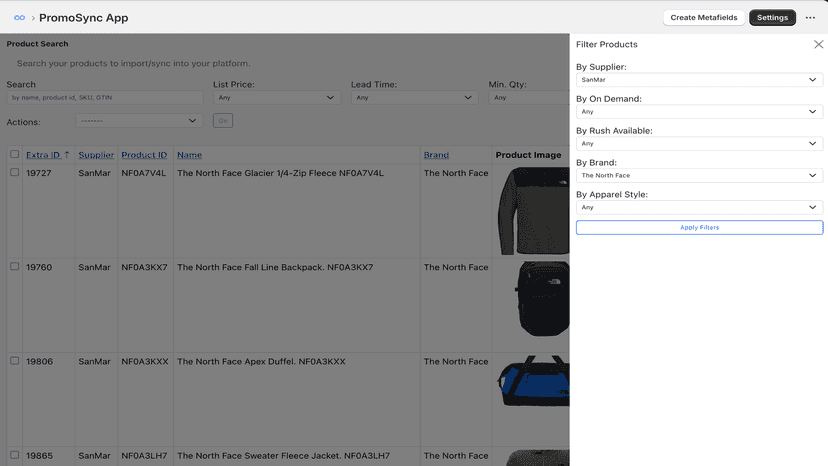 Import Products showing filters like supplier and brand