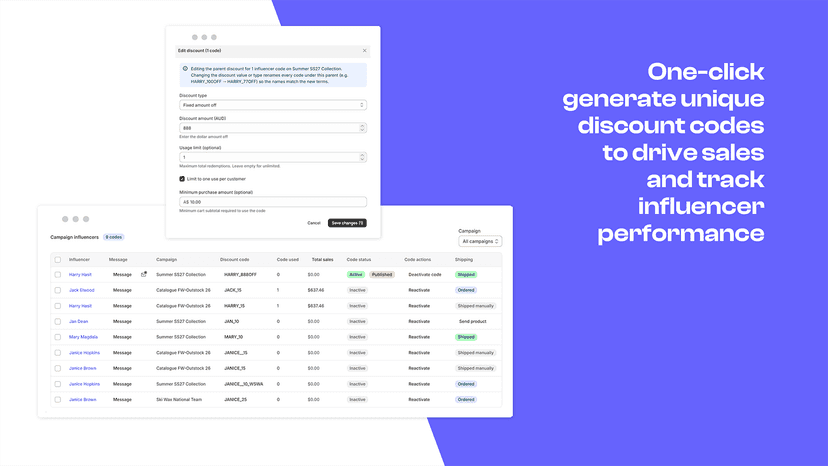 Influencers table and discount code generation