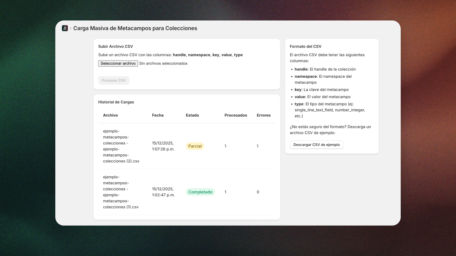 carga masiva de productos y colecciones