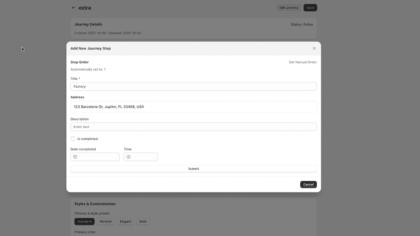 Interface allowing editing of a Journey Step