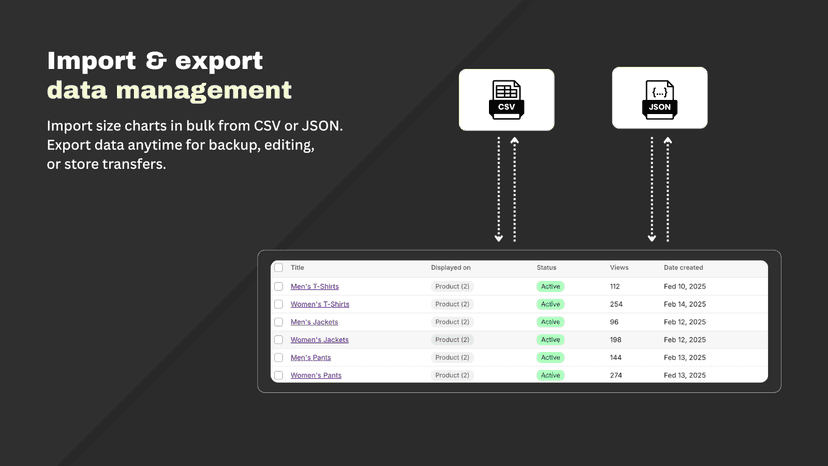 Import & Export Size Chart Data Management