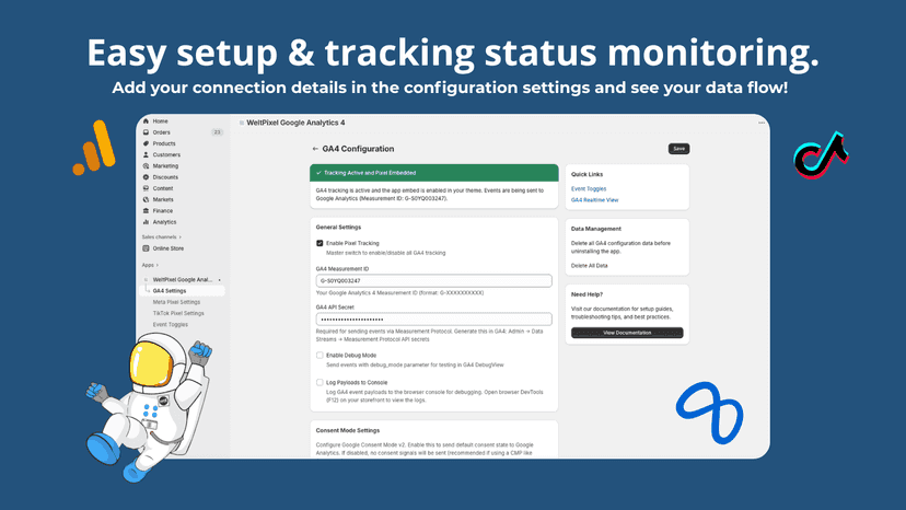 GA4 App landing page setup screen and ease of use showcase