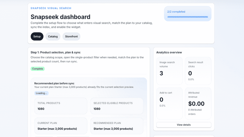 Snapseek dashboard with setup progress, catalog sync, and analyt