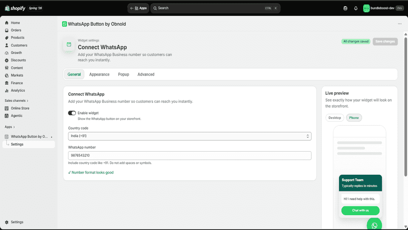 Add your WhatsApp number and see it validate instantly