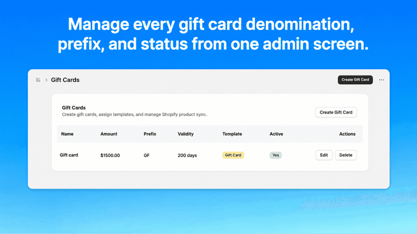 Manage gift card amounts, prefixes, and status